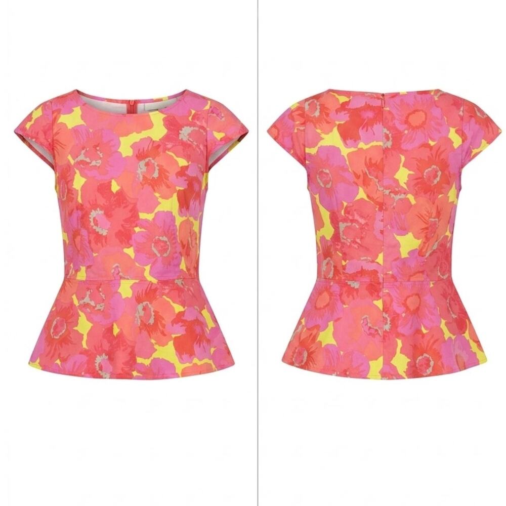 Loft  Pink Floral Peplum Cap Sleeve Blouse Women Size 2P